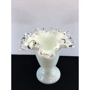 Vtg Fenton Milk Glass Silver Crest Ruffled Edge Footed Trumpet Vase 4'' Tall